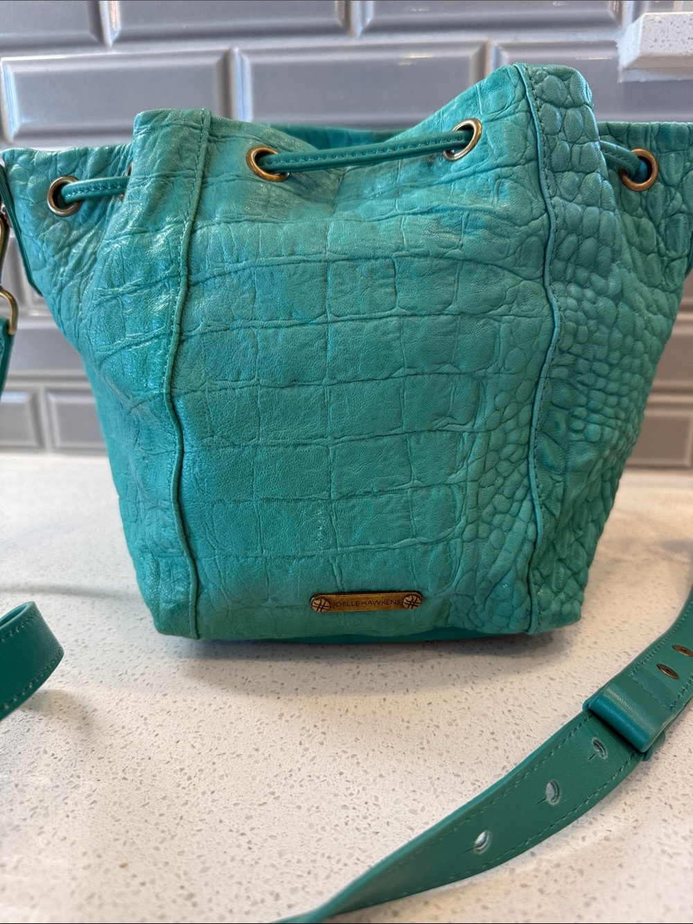 Teal Croc-Embossed Leather Drawstring Crossbody Bag